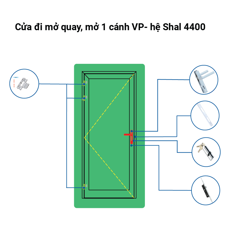 Cửa đi mở quay, mở 1 cánh VP- hệ Shal 4400