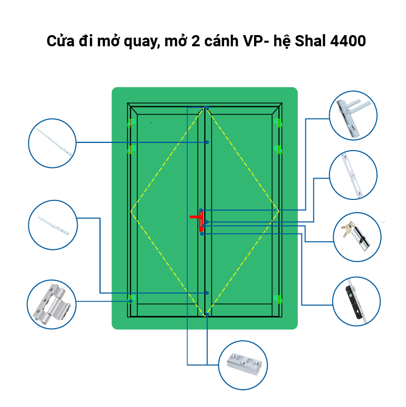 Cửa đi mở quay, mở 2 cánh VP- hệ Shal 4400