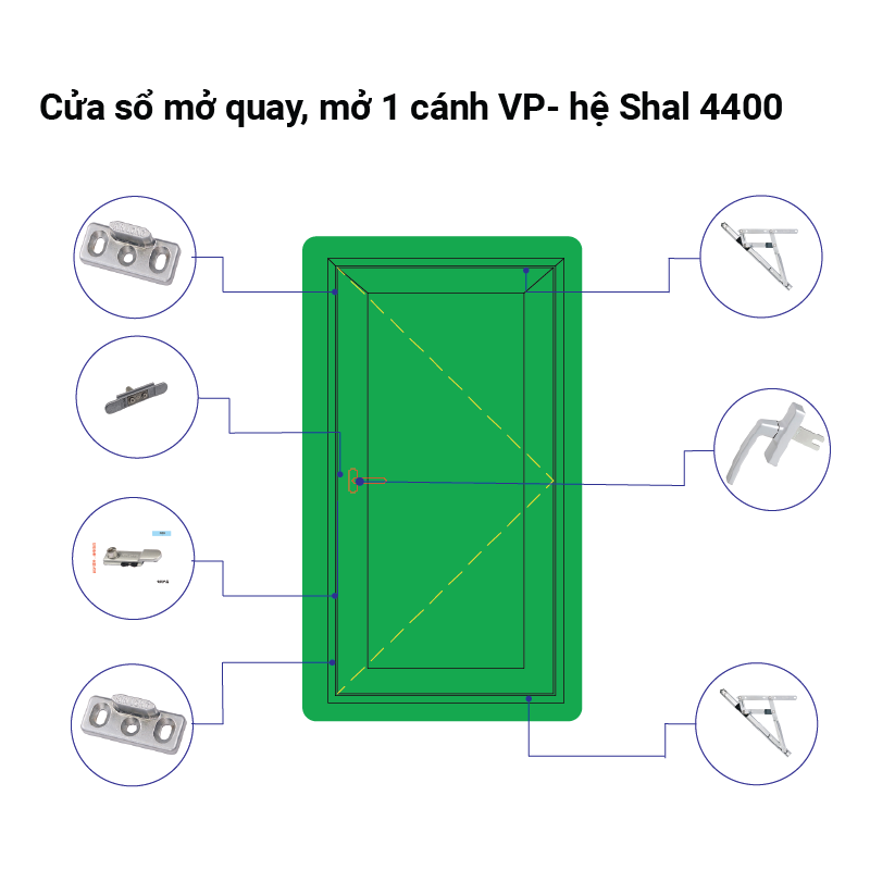 Cửa sổ mở quay, mở 1 cánh VP - hệ Shal 4400 (Phương án 2)