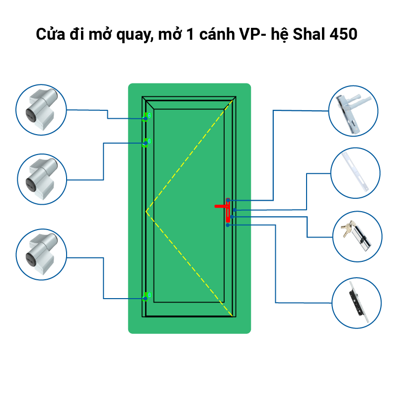 Cửa đi mở quay quay, mở 1 cánh VP- hệ Shal 450