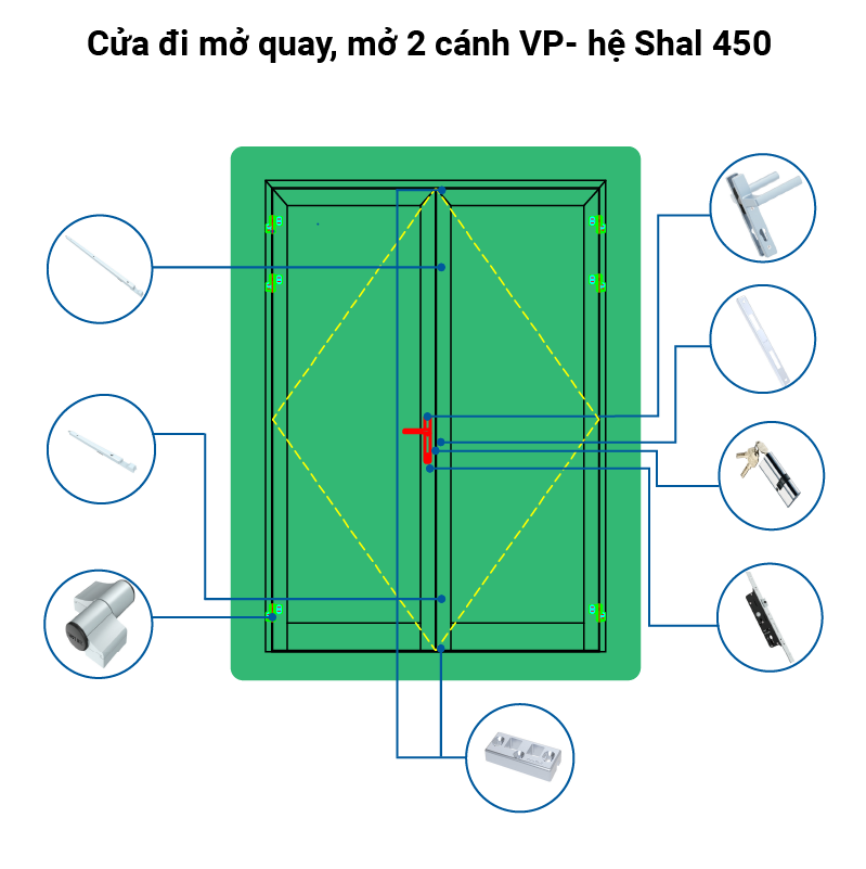 Cửa đi mở quay, mở 2 cánh VP- hệ Shal 450