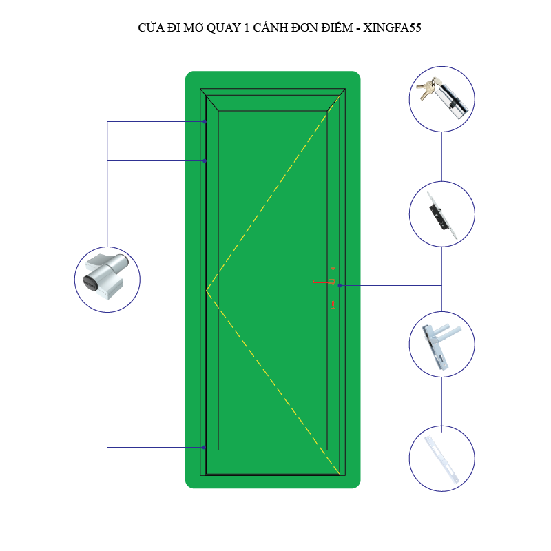 Cửa đi mở quay, cửa mở đơn- Khóa đơn điểm- hệ Xingfa55 