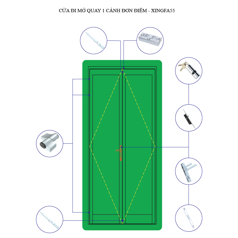 Cửa đi mở quay, mở đôi- Khóa đơn điểm- hệ Xingfa55 