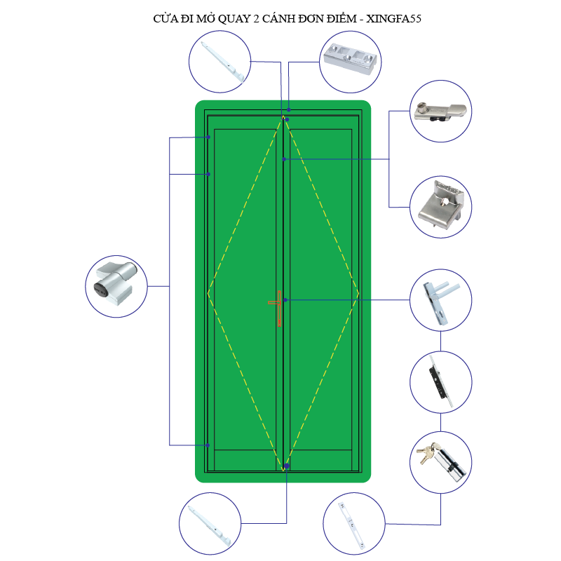 Cửa  đi mở quay, mở đôi 1 cánh- Khóa đa điểm- hệ Xingfa55 