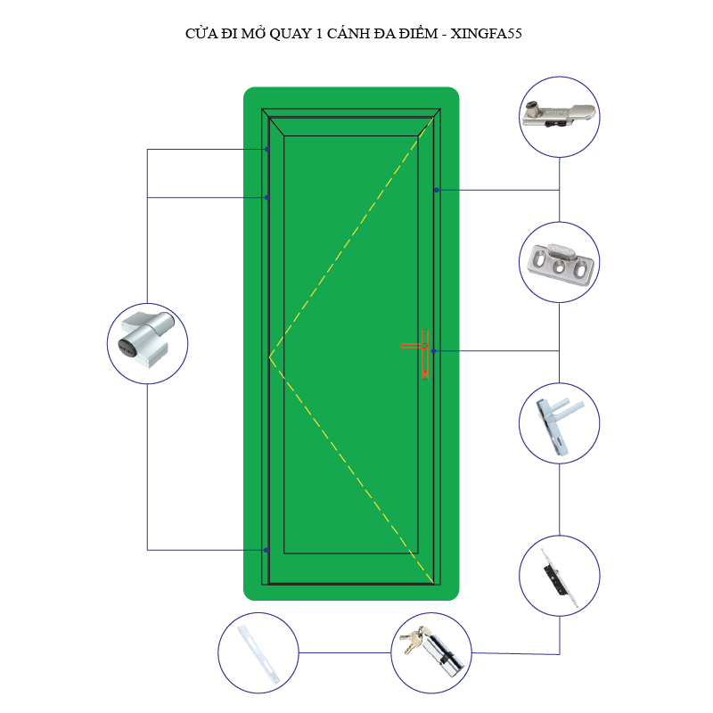 Cửa đi mở quay, mở đôi 2 cánh- Khóa đa điểm- hệ Xingfa55 