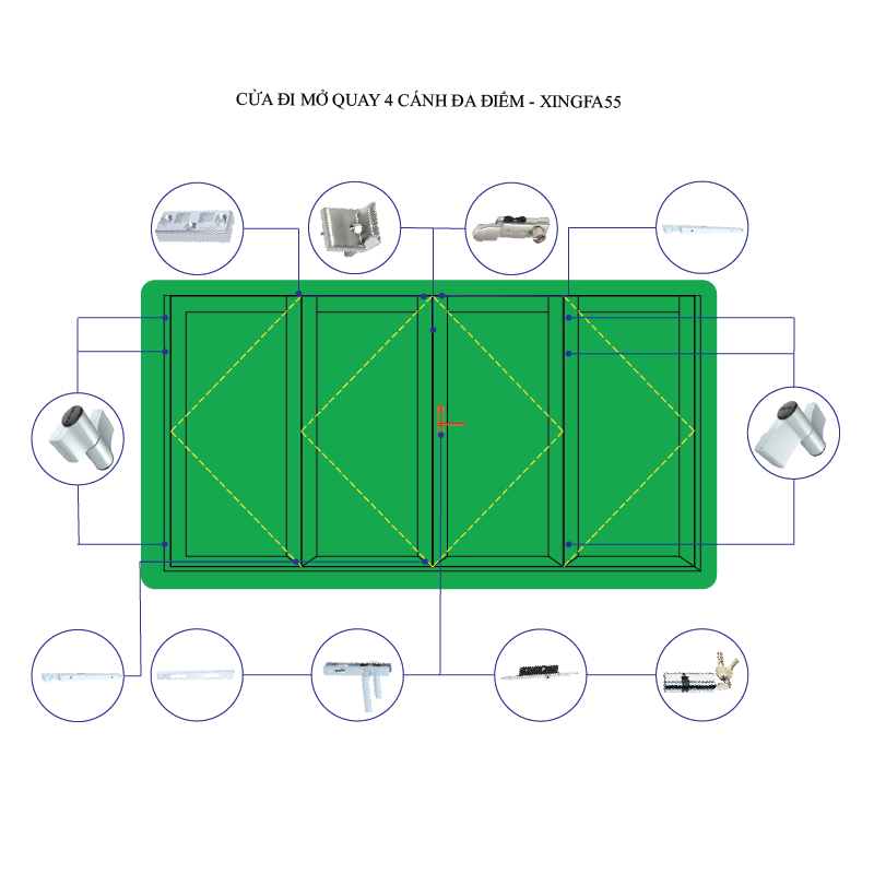 Cửa đi mở quay, mở 4 cánh- Khóa đa điểm- hệ Xingfa55 