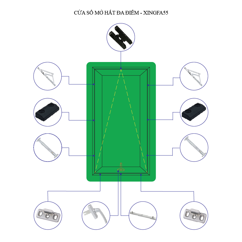 Cửa sổ mở hất- Khóa đa điểm- Hệ nhôm XF55