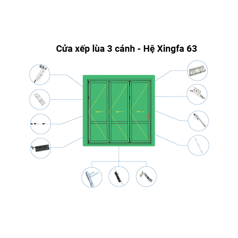 Cửa xếp  lùa, 3 cánh- hệ Xingfa 63 (Chiều cao lớn nhất 2.4m)