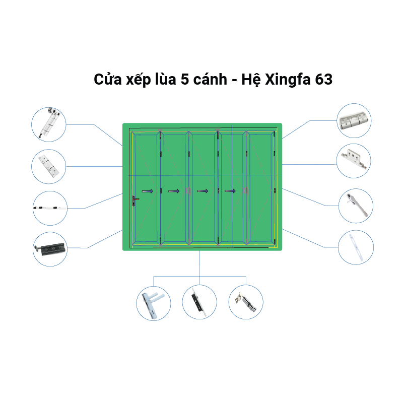 Cửa xếp  lùa, 5 cánh- hệ Xingfa 63 (Chiều cao lớn nhất 2.4m)