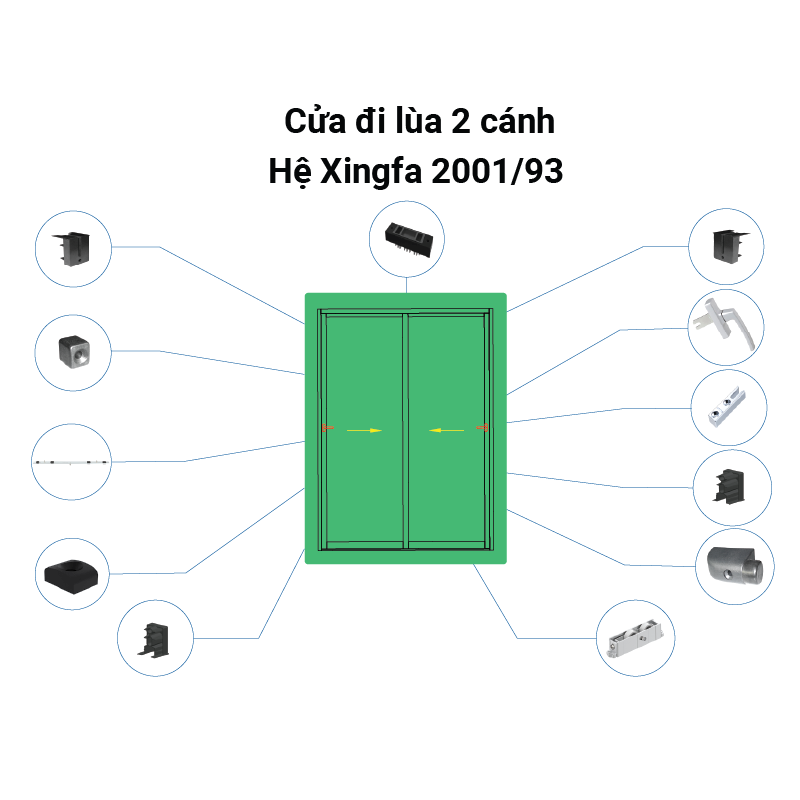 Cửa đi lùa, 2 cánh- Sử dụng tay nắm và thanh truyền động- hệ Xingfa 2001/93