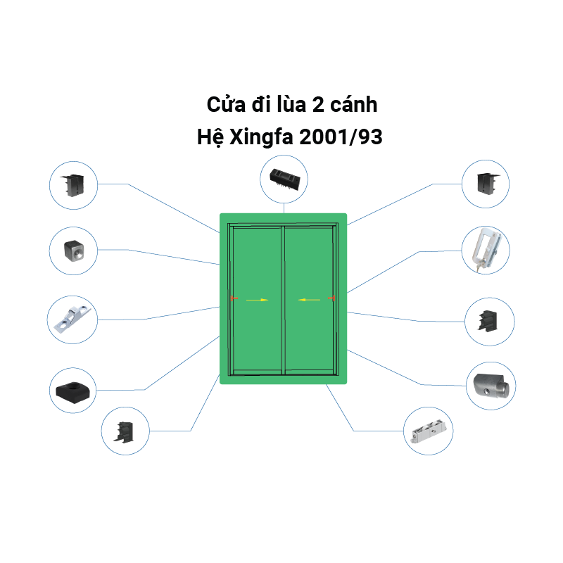 Cửa đi lùa, mở 2 cánh- Tay nắm chữ D-hệ Xingfa 2001 (93)  (Chiều cao lớn nhất 2.4m)