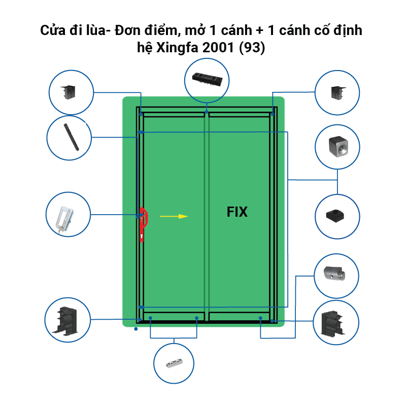 Cửa đi lùa- Đơn điểm, mở 1 cánh + 1 cánh cố định- hệ Xingfa 2001 (93) 