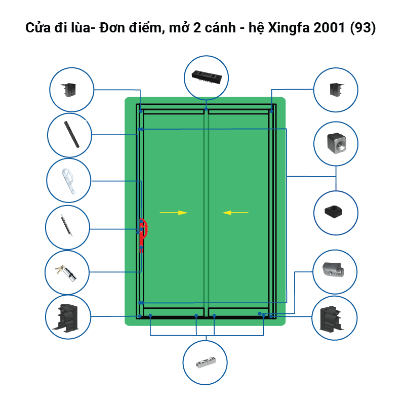 Cửa đi lùa- Đơn điểm, mở 2 cánh - hệ Xingfa 2001 (93) 