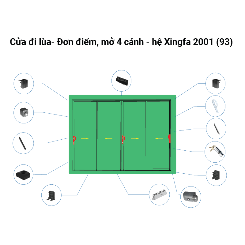 Cửa đi lùa- Đơn điểm, mở 4 cánh - hệ Xingfa 2001 (93) 