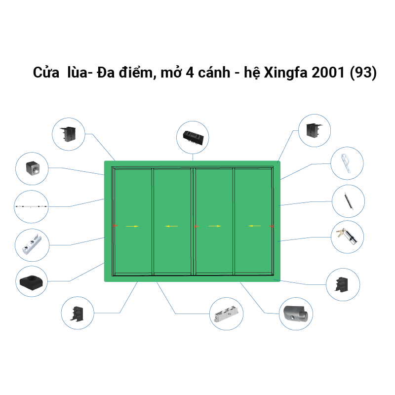 Cửa  lùa- Đa điểm, mở 4 cánh - hệ Xingfa 2001 (93) 