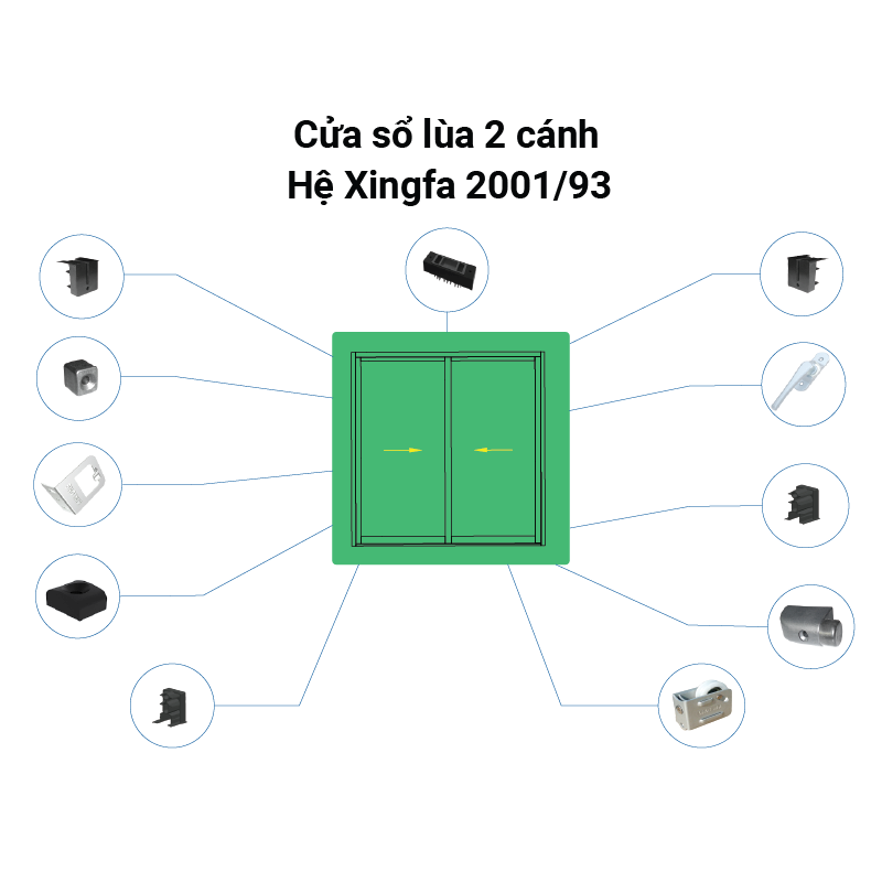 Cửa sổ lùa, 2 cánh - hệ Xingfa 2001/93 (Phương án 2)