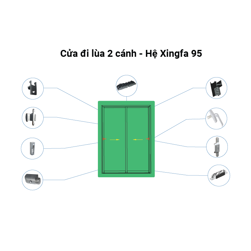 Cửa đi lùa, 2 cánh- hệ Xingfa 95